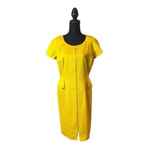 Tahari ASL Dress Women Yellow Midi Round Neck Short Sleeve Silver Zip Size 8